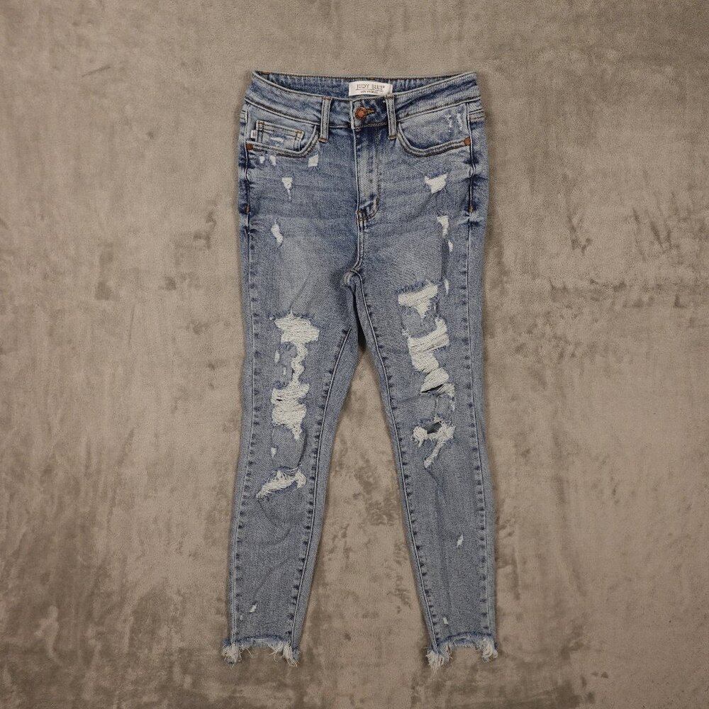Judy Blue Distressed Skinny Jeans Raw Hem Women’s Size 1/25 Light Wash‎ Blue